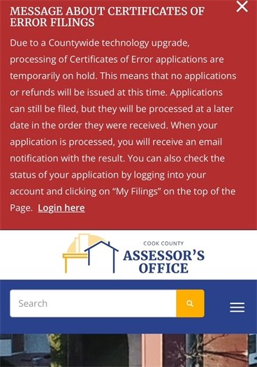 Cook County Assessor: Message About Certificates of Error Filings