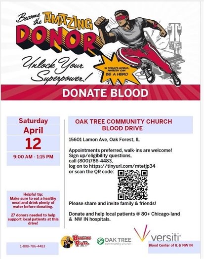Donate Blood at Oak Tree Church on April 12