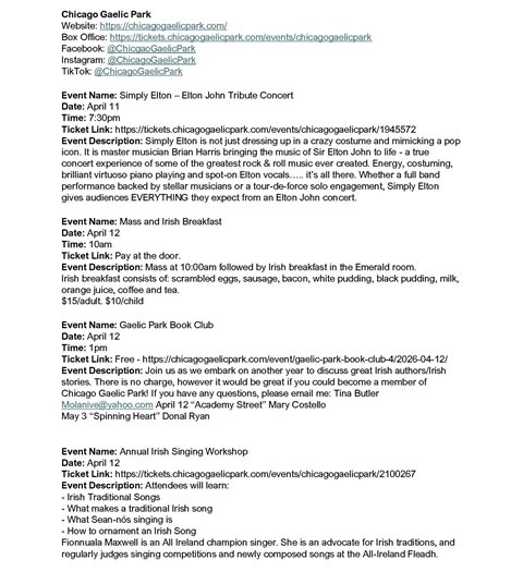 April programming at Chicago Gaelic Park