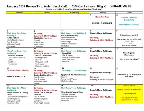 Bremen Township Monthly Senior Lunch Menu