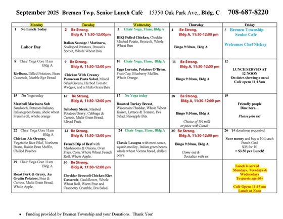 Bremen Township September Menu for Seniors
