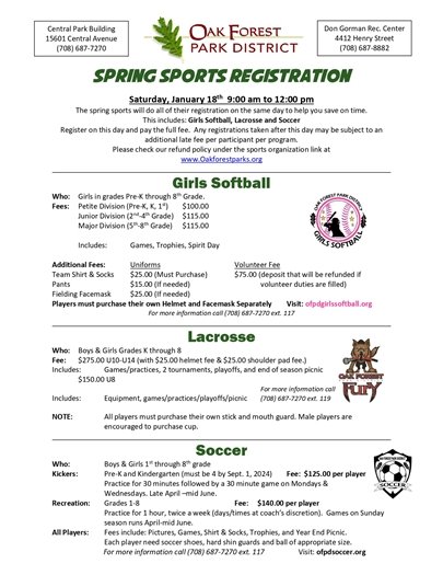 Oak Forest Park District Spring Sports Registration