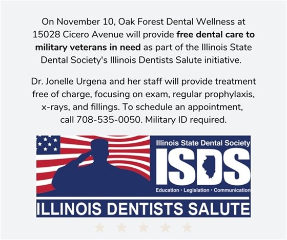 Oak Forest Dental Wellness will offer free care to veterans on November 10