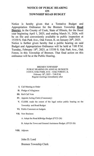 Bremen Township Road Budget Public Hearing