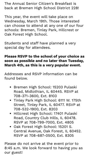 Bremen High School District 228 Senior Breakfast is March 19