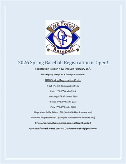 Oak Forest Baseball Association Spring Registration