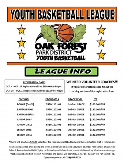 Youth Basketball  League Registration at the Park District 