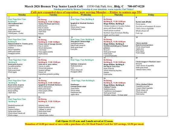 Bremen Township Senior Menu for March