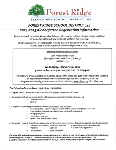 District 142 Kindergarten Registration