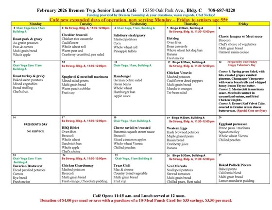 February Bremen Township Senior Lunch Calendar