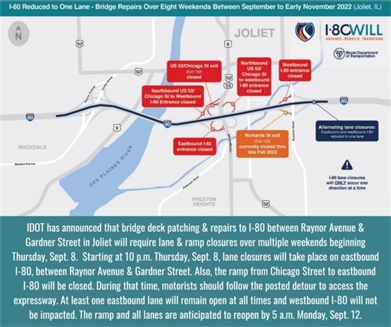 IDOT closures on I80 in Joliet starting September 8