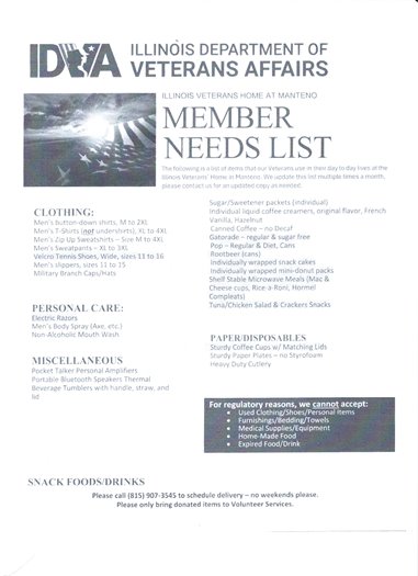 Manteno Veterans Home Wish List