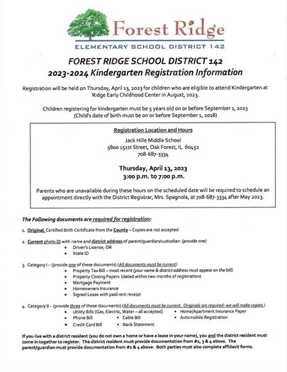 Kindergarten registration for District 142