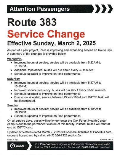 Pace Bus Service Change