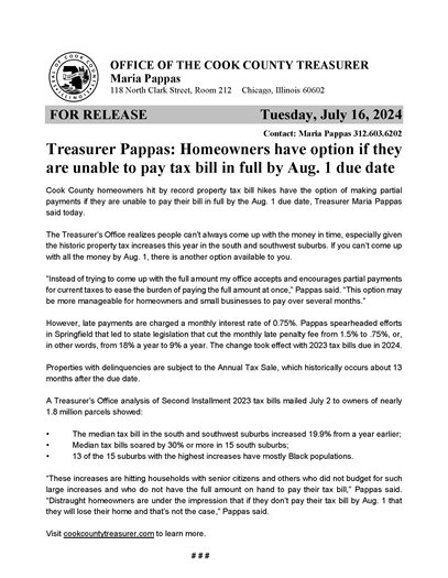 Message from Cook County Treasurer Pappas