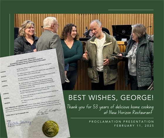 George Vlahos receives city proclamation on his retirement after 53 years from New Horizon Restaurant