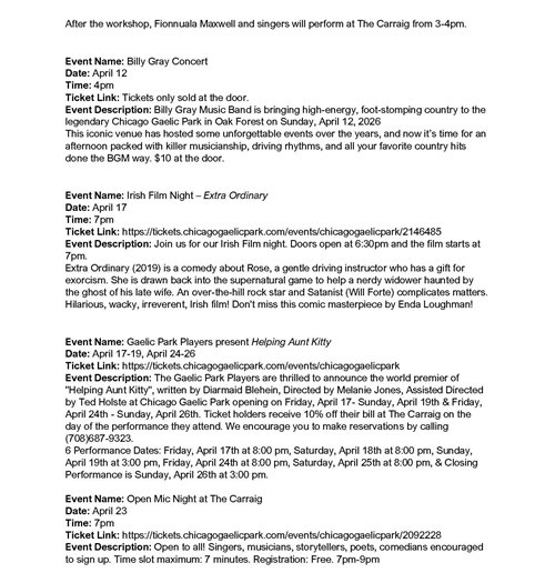 April programming at Chicago Gaelic Park